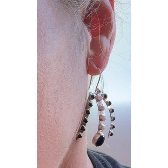 Spiky Black Onyx & Pink Opal Sterling Silver Handmade Earrings - Picture 5 of 7